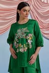 Pozruh By Aiman_Green Linen, Satin Embroidery Round Neck Swayer Top And Trouser Set _at_Aza_Fashions