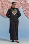 Buy_Pozruh By Aiman_Black Linen, Satin, Silk Embroidery, Lace Bouquet Print Bib Top And Trouser Set _at_Aza_Fashions