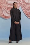 Pozruh By Aiman_Black Linen, Satin, Silk Embroidery, Lace Bouquet Print Bib Top And Trouser Set _Online