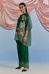 Pozruh By Aiman_Green Linen, Organza Embroidery Round Neck Myra Printed Top And Pant Set _Online_at_Aza_Fashions
