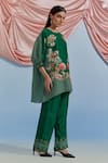 Shop_Pozruh By Aiman_Green Linen, Organza Embroidery Round Neck Myra Printed Top And Pant Set _Online_at_Aza_Fashions