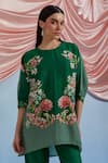 Pozruh By Aiman_Green Linen, Organza Embroidery Round Neck Myra Printed Top And Pant Set _at_Aza_Fashions