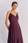 Buy_Emblaze_Wine Satin, Organza Rhinestones, Crystals V-neck Embellished Strap Tiered Gown _Online_at_Aza_Fashions
