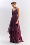 Shop_Emblaze_Wine Satin, Organza Rhinestones, Crystals V-neck Embellished Strap Tiered Gown _Online_at_Aza_Fashions