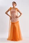 Buy_Emblaze_Orange Tulle Beads Square Neck Smocked Gown _at_Aza_Fashions