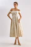 Buy_Emblaze_Beige Jacquard Off-shoulder Floral Midi Dress _at_Aza_Fashions