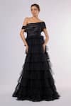 Buy_Emblaze_Black Tulle Off-shoulder Tiered Gown _at_Aza_Fashions