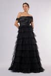 Emblaze_Black Tulle Off-shoulder Tiered Gown _Online_at_Aza_Fashions