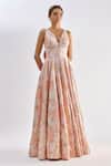 Emblaze_Pink Jacquard V-neck Floral Gown _Online_at_Aza_Fashions