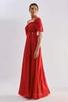 Buy_Emblaze_Red Crepe Asymmetric One Shoulder Ruched Maxi Dress  _Online_at_Aza_Fashions