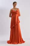 Buy_Emblaze_Rust Crepe Rhinestones, Crystals V-neck Ruffled Tiered Gown  _at_Aza_Fashions