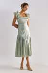 Emblaze_Green Organza, Shantoon Square Neck Ruffled Shoulder Midi Dress _Online_at_Aza_Fashions