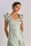 Emblaze_Green Organza, Shantoon Square Neck Ruffled Shoulder Midi Dress _at_Aza_Fashions