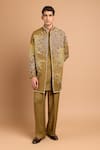 Buy_Rohit Doshi_Olive Green Cotton, Crepe, Rayon Beads Canopy Pearl Embellished Bandhgala _at_Aza_Fashions