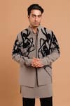 Buy_Rohit Doshi_Gray Crepe, Polyester Beads, Embroidery Abstract Bandhgala _at_Aza_Fashions