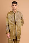 Buy_Rohit Doshi_Olive Green Cotton, Crepe, Rayon Embroidered Kurta _at_Aza_Fashions