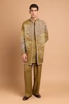 Shop_Rohit Doshi_Olive Green Cotton, Crepe, Rayon Embroidered Kurta _at_Aza_Fashions