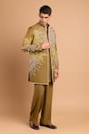 Buy_Rohit Doshi_Olive Green Cotton, Crepe, Rayon Embroidered Kurta _Online_at_Aza_Fashions