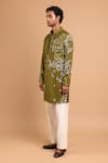 Rohit Doshi_Olive Green Cotton, Crepe, Rayon Embroidery Abstract Motif Kurta _Online_at_Aza_Fashions