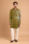 Buy_Rohit Doshi_Olive Green Cotton, Crepe, Rayon Embroidery Abstract Motif Kurta _Online_at_Aza_Fashions