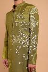 Shop_Rohit Doshi_Olive Green Cotton, Crepe, Rayon Embroidery Abstract Motif Kurta _Online_at_Aza_Fashions