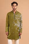 Buy_Rohit Doshi_Olive Green Cotton, Crepe, Rayon Embroidery Abstract Motif Kurta _at_Aza_Fashions