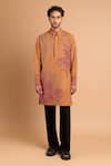 Buy_Rohit Doshi_Brown Cotton, Crepe, Rayon Embroidery, Sequins Floral And Architectural Kurta _Online_at_Aza_Fashions