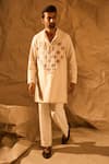 Shop_Rohit Doshi_Cream Lace, Patchwork Herringbone Weave Heart Pattern Kurta _at_Aza_Fashions