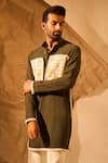 Rohit Doshi_Olive Green Applique, Lace Jigsaw Puzzle Pattern Short Kurta _Online_at_Aza_Fashions