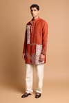 Rohit Doshi_Rust Cotton, Crepe Beads, Embroidery Geometric And Abstract Motif Kurta _Online_at_Aza_Fashions