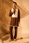 Rohit Doshi_Brown Embroidery, Piping Placement Kurta _Online_at_Aza_Fashions
