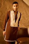 Shop_Rohit Doshi_Brown Embroidery, Piping Placement Kurta _Online_at_Aza_Fashions