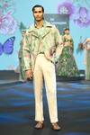 Mahima Mahajan_Green Linen, Satin Aazim Pintuck Floral Printed Jacket Shirt And Trouser Set _at_Aza_Fashions