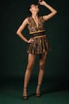 Buy_Nikita Mhaisalkar_Brown Georgette V-neck Geometric Print Pleated Dress _Online_at_Aza_Fashions