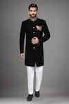 Buy_Arihant Rai Sinha_Black Suede Embroidery, Patchwork Geometric Pattern Sherwani And Art Silk Pant _at_Aza_Fashions
