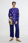 Buy_Ekaya Banaras_Blue Satin Zari Round Neck Handwoven Royal Kurta And Pant Set _at_Aza_Fashions