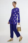 Ekaya Banaras_Blue Satin Zari Round Neck Handwoven Royal Kurta And Pant Set _at_Aza_Fashions