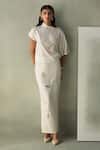 Buy_Febo6_Off White Silk Embroidery, Beads Round Neck Sicily Draped Blouse _at_Aza_Fashions