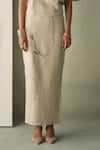 Febo6_Beige Linen Embroidery Desert Blooming Pod Long Skirt _Online_at_Aza_Fashions