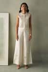 Buy_Febo6_Off White Silk Applique, Sequins, Metallic Thread, Foliage Poppies Trouser _at_Aza_Fashions