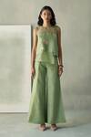 Buy_Febo6_Green Linen Embroidery, Beads Round Desert Eucalyptus Pod Top And Trouser Set _at_Aza_Fashions
