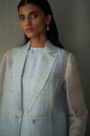 Buy_Febo6_Sky Blue Silk Organza Embroidery Collared Asymmetric Kantha Stitch Jacket _Online_at_Aza_Fashions