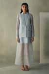 Shop_Febo6_Sky Blue Silk Organza Embroidery Collared, Kantha Stitch Blazer And Dress Set _Online_at_Aza_Fashions