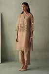 Febo6_Beige Silk Organza, Chanderi Embroidery Round Garden Floral Kurta With Trouser _at_Aza_Fashions