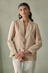 Febo6_Beige Crepe, Silk Embroidery V-neck Hand Kanth Stitch Jacket _Online_at_Aza_Fashions