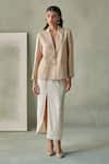 Buy_Febo6_Beige Crepe, Silk Embroidery V-neck Hand Kanth Stitch Jacket _at_Aza_Fashions