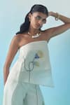 Febo6_Off White Silk, Organza Embroidery Bandeau Neck Hand Floral Strapless Top _at_Aza_Fashions