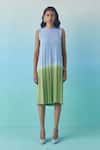 Buy_Febo6_Sky Blue Silk, Crepe Round Neck Ombre Pleated Midi Dress _Online_at_Aza_Fashions