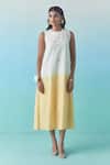 Febo6_Ivory Cotton, Silk Embroidery, Applique Round Ombre Kantha Stitch Midi Dress _Online_at_Aza_Fashions