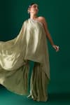 Label Shristi Chetani_Green Organza, Satin, Taffeta Mirrors One Shoulder Tunic And Sharara Set _at_Aza_Fashions